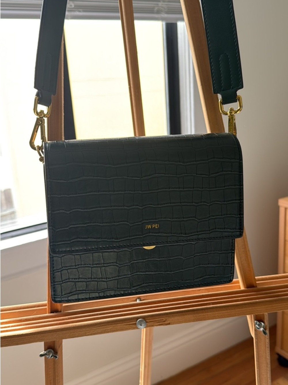 JW PEI Black Croc-Embossed Shoulder Bag with Gold Hardware